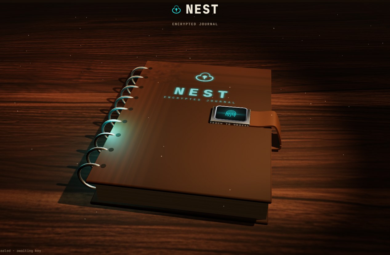 Nest encrypted journal rendered as a 3D cognac-leather ring-bound book on a wooden desk