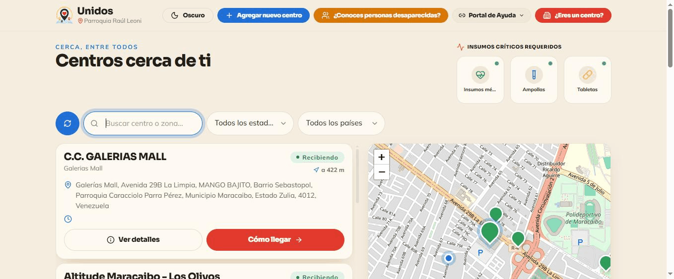 Unidos demo: searching for a nearby donation center and viewing its inventory on a map
